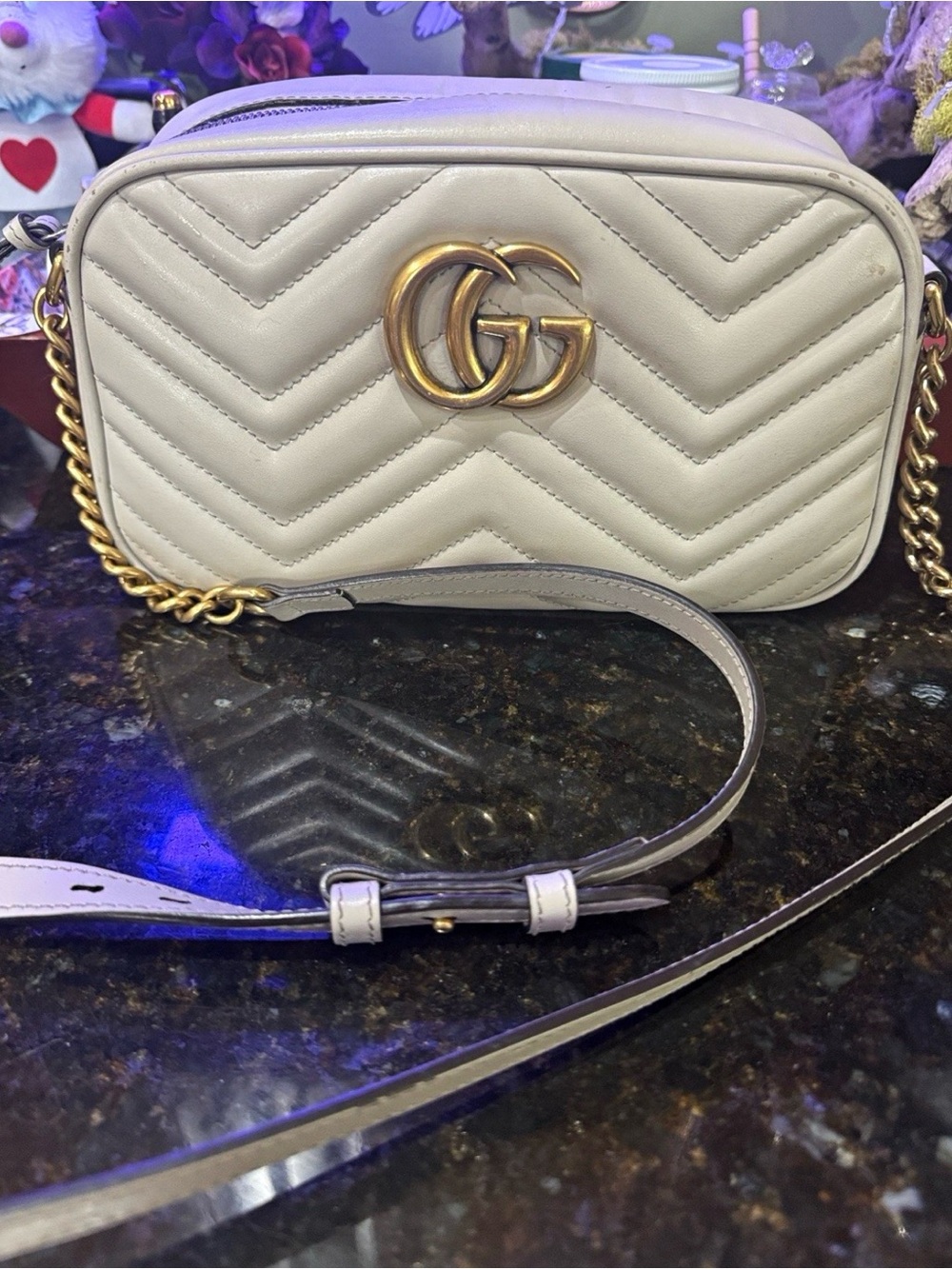 Gucci Cream GG Marmont Chevron Crossbody Bag